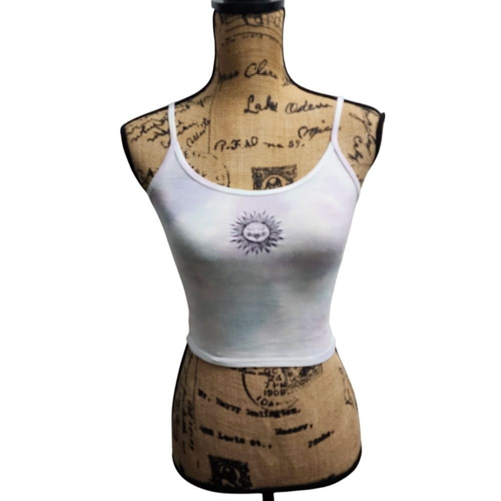 Hollister White Cropped Tank Top Sun Graphic‎ Y2K Summer Festival Aesthetic XS